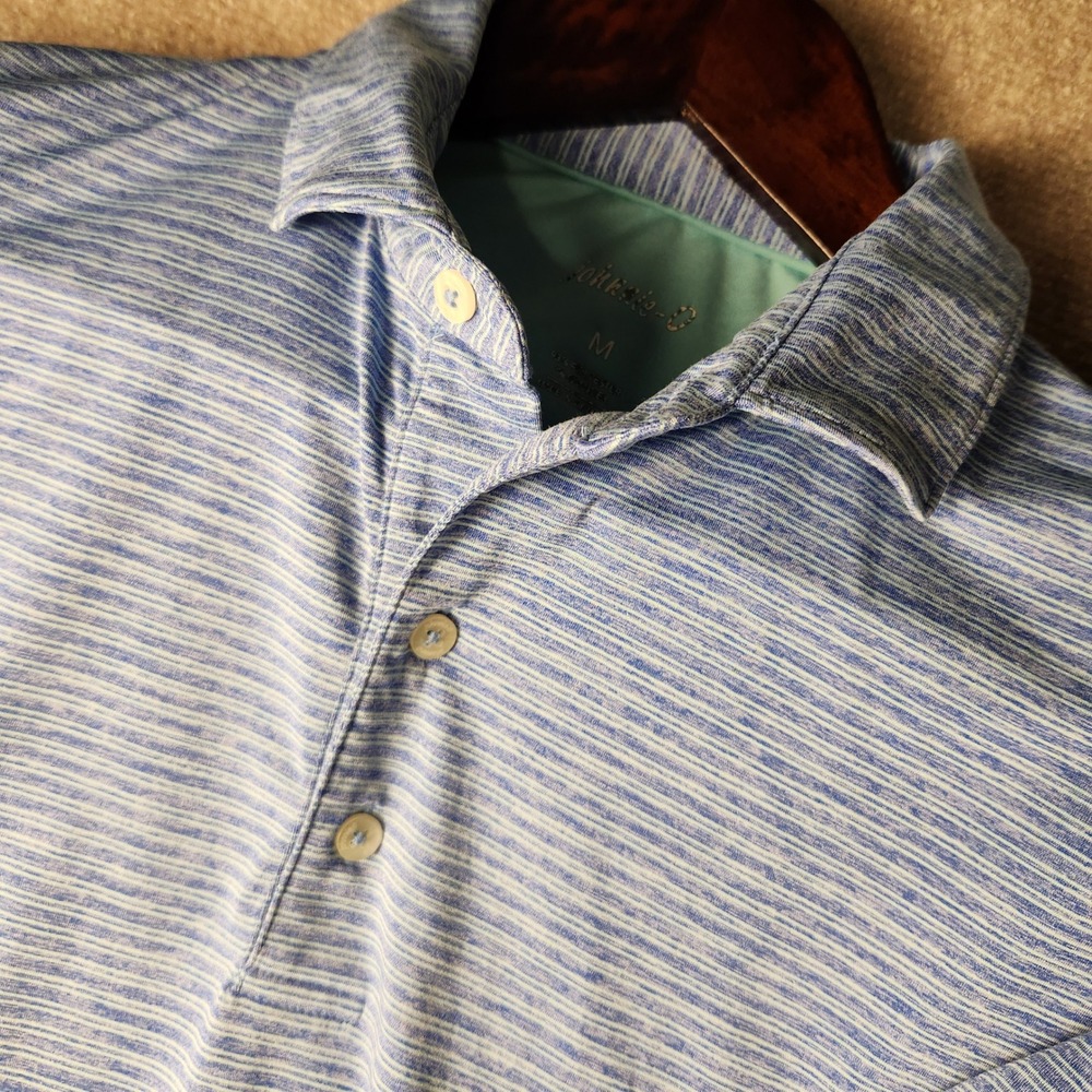 johnnie-O Polo Shirt Mens Medium Blue White Striped The Laddie Golf Short Sleeve